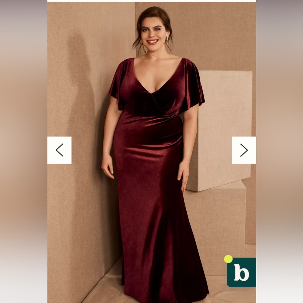 Anthropologie Jenny Woo burgundy flutter-sleeve open back stretch velvet gown